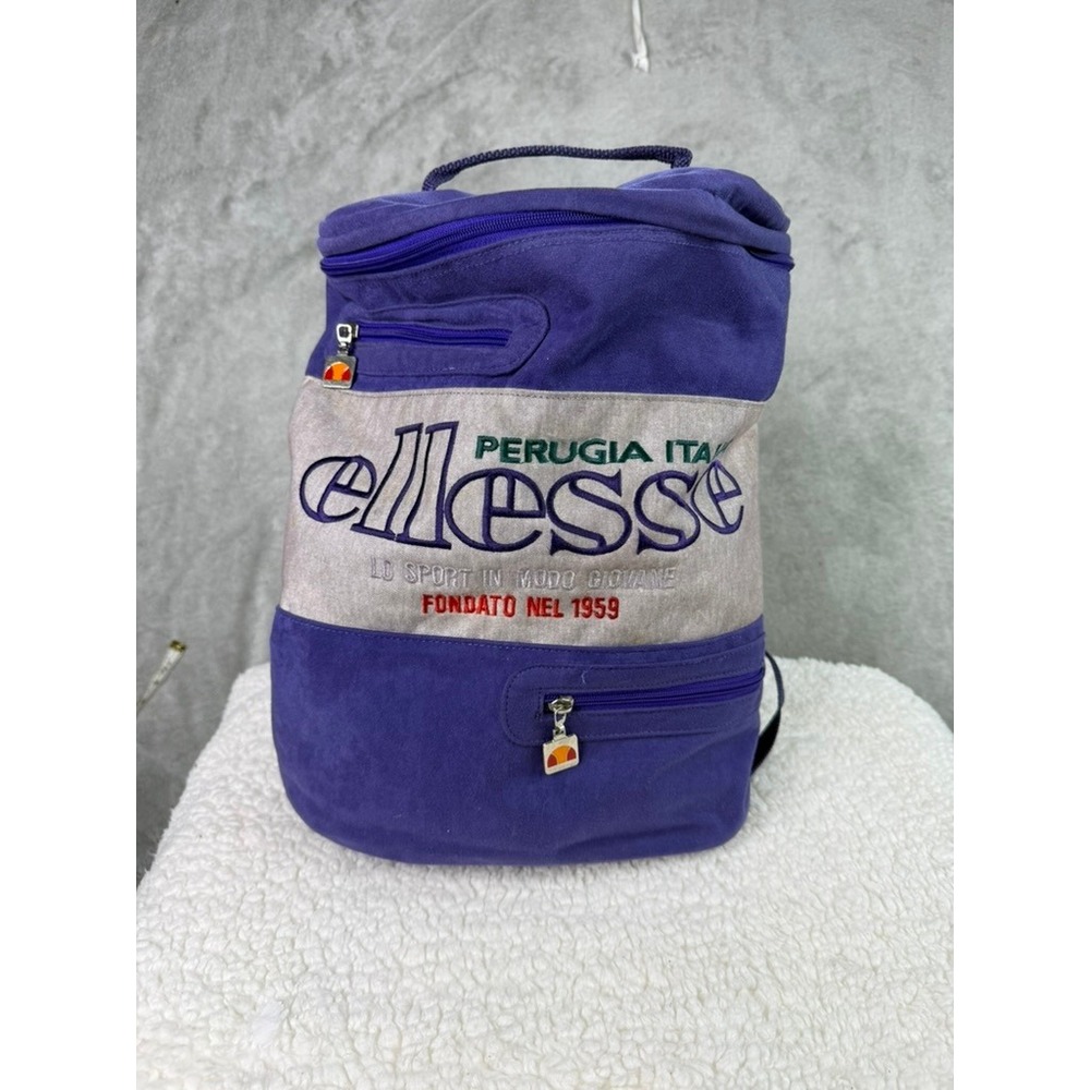 Ellesse Perugia Italia Vintage Backpack Purple Gray Logo Embroidered Zippers